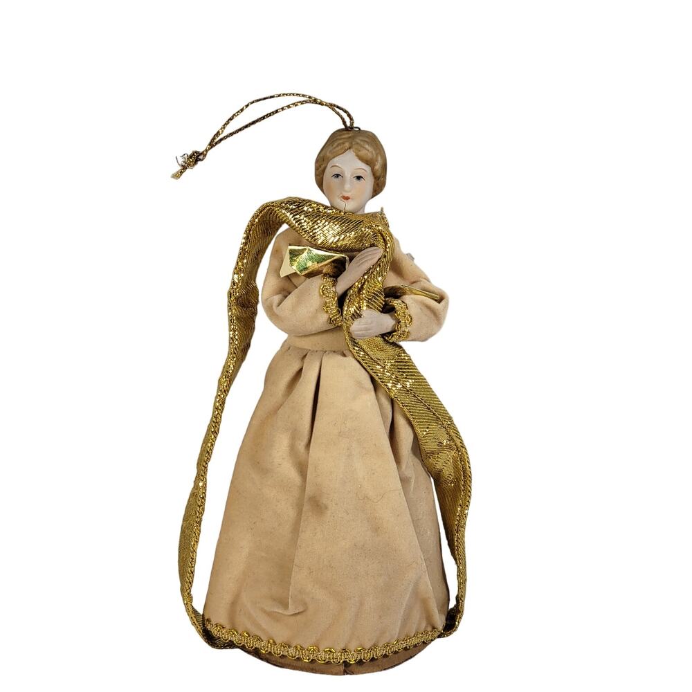 Vintage Porcelain Christmas Doll Ornament with Gold Ribbon - 6" Tall Beige